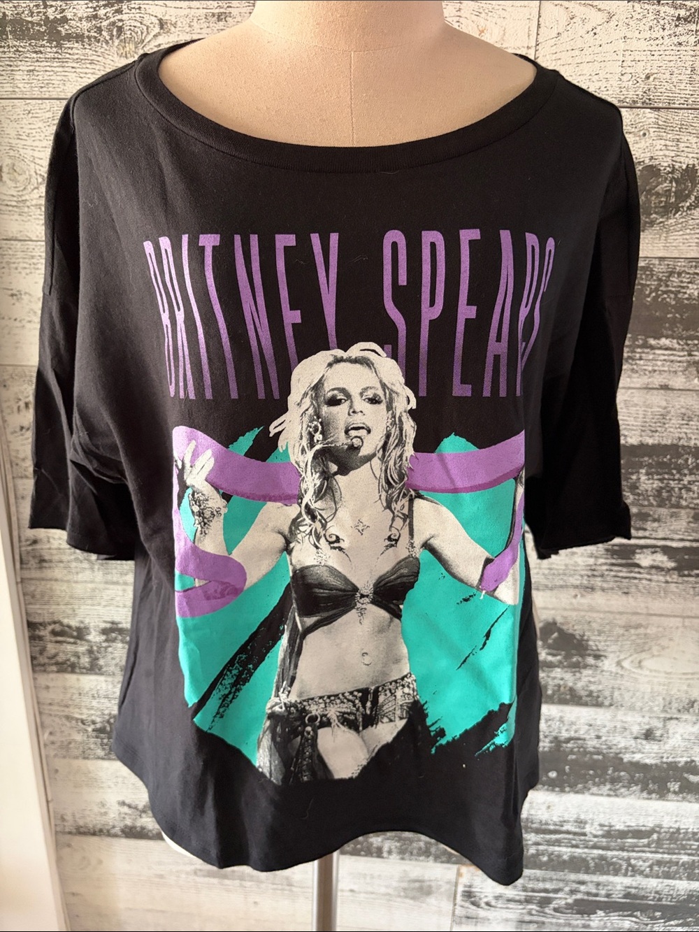 NWT BP Britney Slave 4 U Black Graphic Tee with Teal & Purple Print